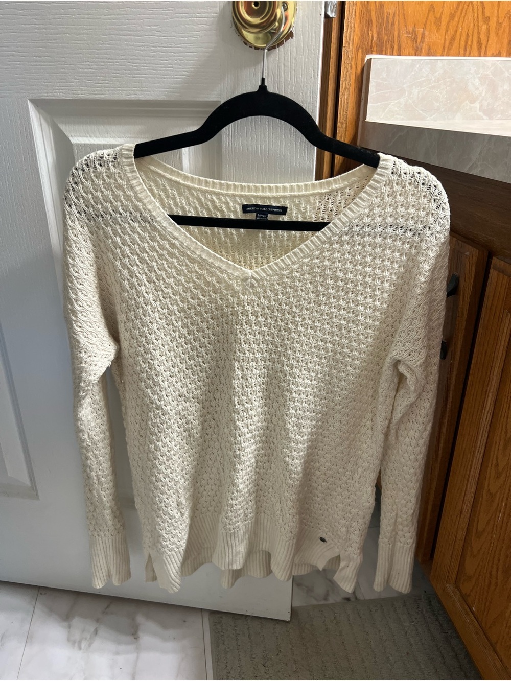 American Eagle Outfitters Cream Open-Knit V-Neck Sweater